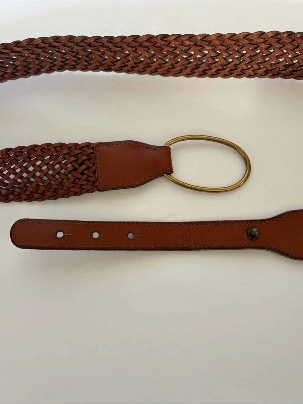 Lucky Brand Brown Leather Braided Belt Brass D Ring Loop Buckle Boho L/XL
